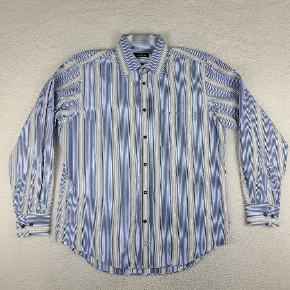 Bugatchi Uomo Shirt Mens Large Blue White Striped Dress Button Up *